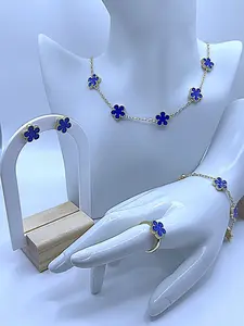 Set of Blue Flower Jewelry with Necklace Bracelet and Ring for Women's Fashion