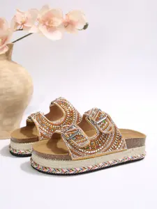 Boho Style Sandals for Summer 2026, Low Heel Thick Sole, Ethnic Beaded Embroidery, Dual Buckle Design, Casual Footwear for Daily Wear