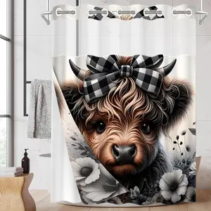 1pc 2D Flat Printing hookless shower curtain hanger liner Cute Cow with Plaid Bow and Flowers Fabric waterproof lining shower curtain with transparent window, double-layer shower curtain, 71 x 74 inches, modern home curtain decoration