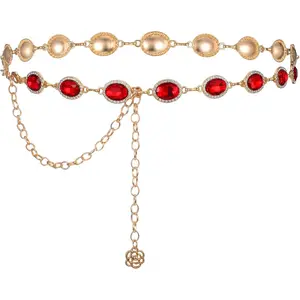 Red Chain Belt Red Gem Rhinestone Belts Adjustable Metal Cowgirl Western Chain Belts for Women Dresses Jeans