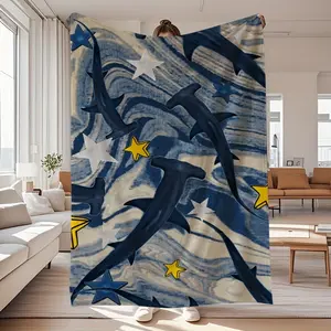 1 Piece, Plush Toys & Blanket Suit: Soft Dreamy Hammerhead Shark Galaxy Pattern Flange Velvet Blanket, Easy Care, Carrying Case, Blue Series, Artistic Style, Suitable for Bedroom Nap, Beach Picnic, Travel, Home Decoration, gifts for Friends and Family, 2D