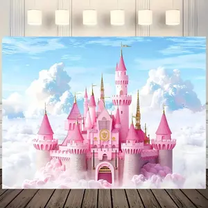 Pink Castle Pattern Wall Decor, 1 Count Dreamy Castle Background Banner, Wall Decor for Birthday Party Wedding Home Garden, Ornaments