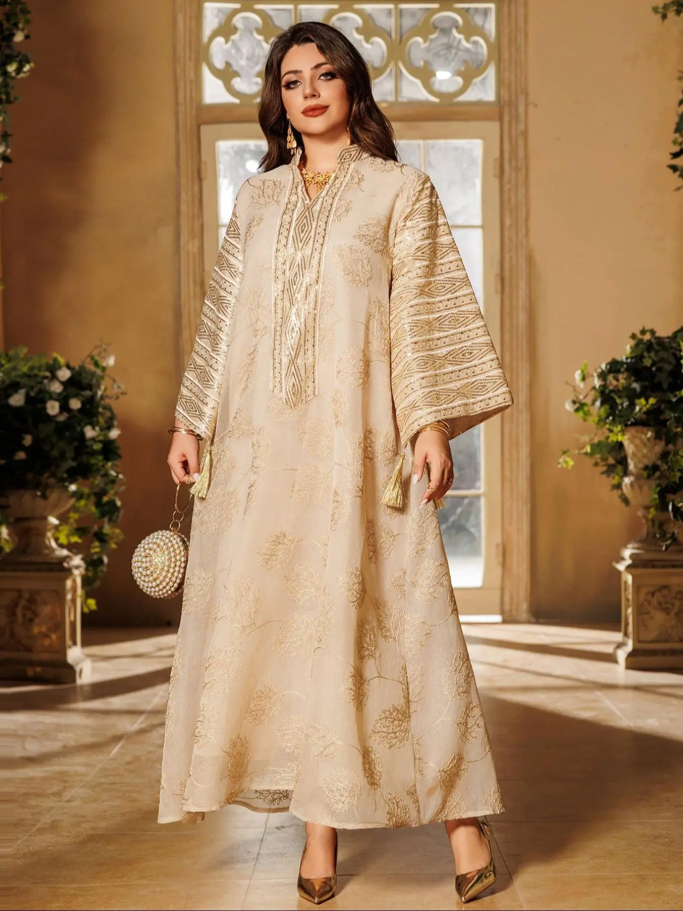 Women's Contrast Sequin Embroidery Woven Embroidered Notched Neck Dress, Modest Elegant Traditional Long Sleeve A Line Formal Wear Dress for Party Wedding Guest, Ladies Islamic Clothing Womenswear for All Seasons