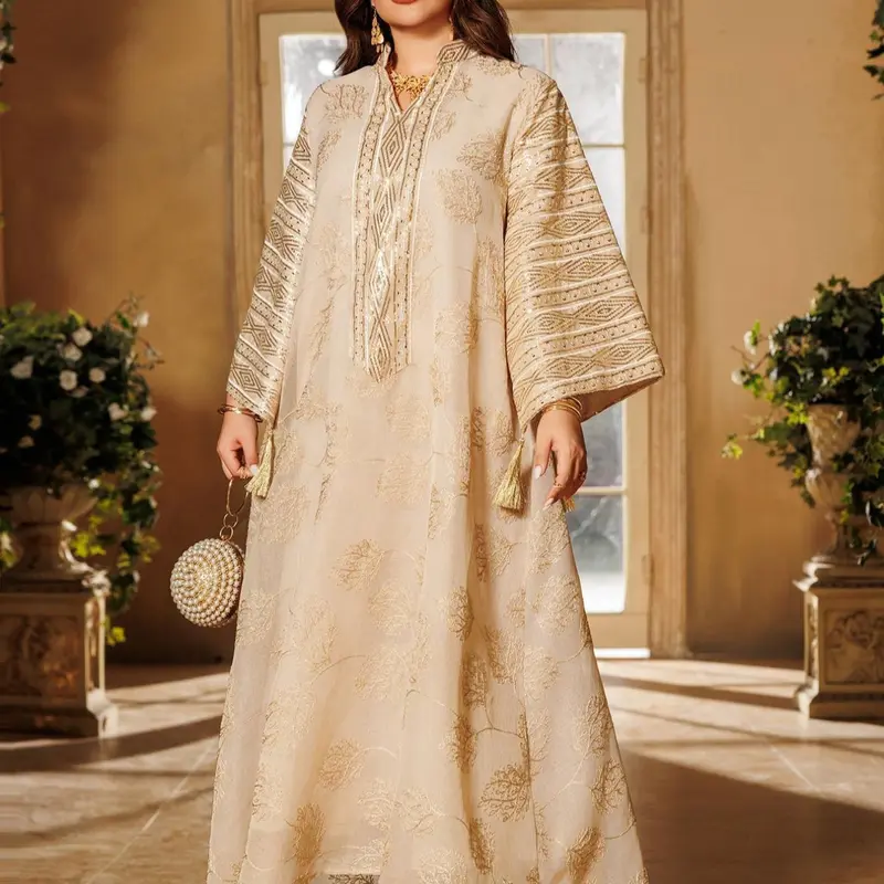 Women's Contrast Sequin Embroidery Woven Embroidered Notched Neck Dress, Modest Elegant Traditional Long Sleeve A Line Formal Wear Dress for Party Wedding Guest, Ladies Islamic Clothing Womenswear for All Seasons