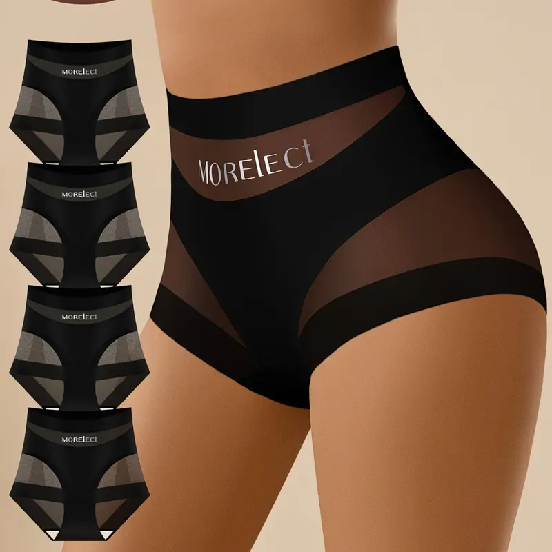 4/8pcs Women's Knickers, Sporty Chic Style, High Waist Tummy Control, Mesh Patchwork, Loose-Fitting, All Seasons, Daily Wear Underwear, High Waisted Panty