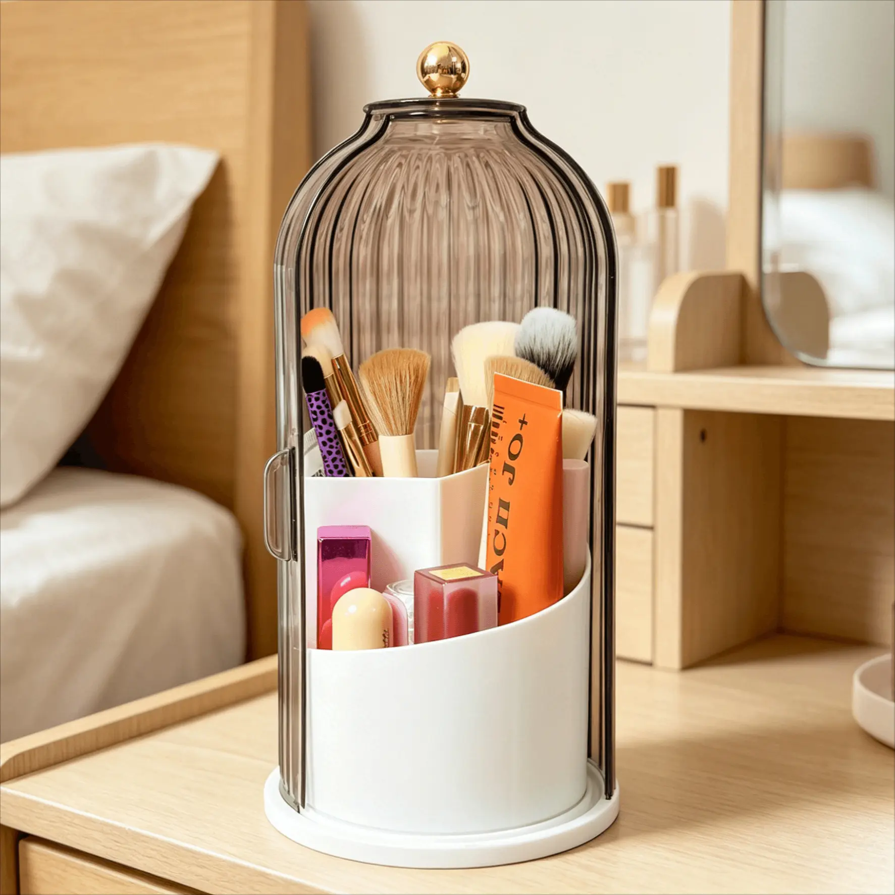 360 Rotating Toothbrush Hoder with Sliding Lid for Bathroom Counter Organizer, 3-in-1 Countertop Organizer for Brushes & Toothpaste, Saves Bathroom Space, Clean, Modern Vanity Decor, Perfect Christmas Gift, Deal of the Home Goods Organizing
