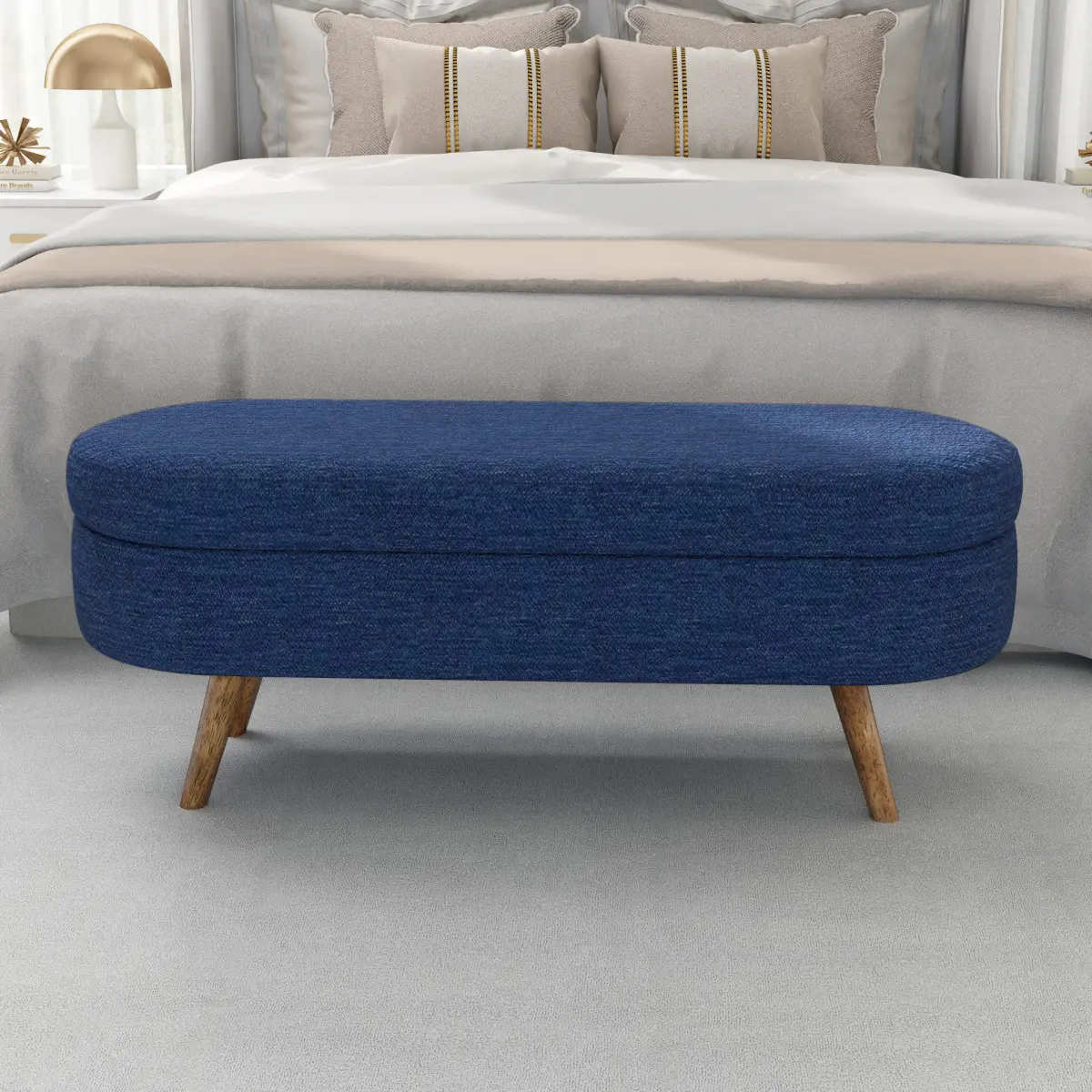 Ottoman Oval Storage Bench,Rubber Wood Legs,BLUE(43.5"x16"x16") Ottoman Oval Storage Bench,Rubber Wood Legs,BLUE(43.5"x16"x16")