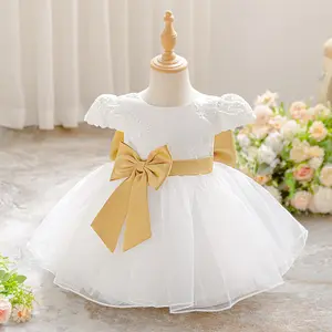 Big Bow Anniversary 003 Embroidered White Baby Girls Clothes Infant Birthday Cocktail Dress Toddler Pageant Newborn Ball Gown Princess Baptism Frock 3M-2Y