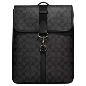 COACH Classic 28 Monogram Hardware Multi-Pocket Canvas and Leather Laptop Backpack for Men, Black