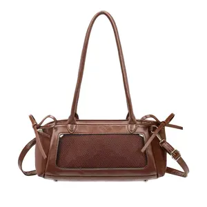 FAURALA Vintage Brown PU Ita Bag - Retro Shoulder Tote with Clear Mesh Window for Anime Pins & Merch Display | Cute Bow Accents, Adjustable Shoulder Strap, Faux Leather | Trendy Y2K, Coquette, Dark Academia (Pins & Plush NOT Included)