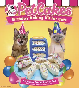 Pet Cakes Birthday Baking Kit for Cats - Reusable Fish Shaped Pan, 2 Cake Mixes, 2 Frosting Mixes, 2 Ice Cream Mixes, Candle & Sprinkles