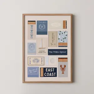 Blue Matchbook Collage Print, Coastal Grandmillennial Wall Art, Preppy East Coast Aesthetic, Beachy Wall Prints