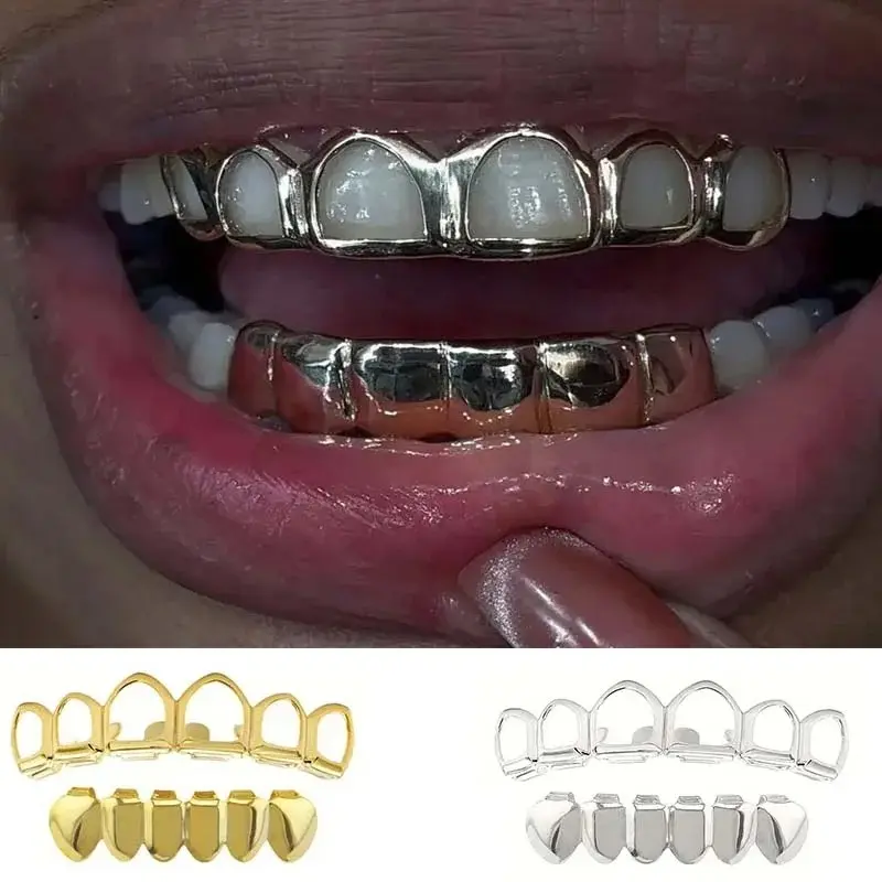 A Set Of Fashionable Six-Tooth Hollowed-Out/Smooth Lower Teeth Hip-Hop Tooth Ornaments, Stage Props, And Festival Gifts
