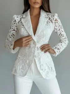 Elegant Women's Lace Blazer Jacket, Long Sleeves, Half-Transparent Patchwork Design, Stylish Office Wear, Perfect for Business & Casual Occasions