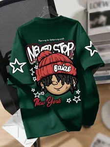 Urban Graffiti "Never Stop" Oversized Graphic T-Shirt - Men's Hip Hop Beanie Boy Print Tee, Drop Shoulder Dark Green Streetwear Top for Skaters & Daily OOTD