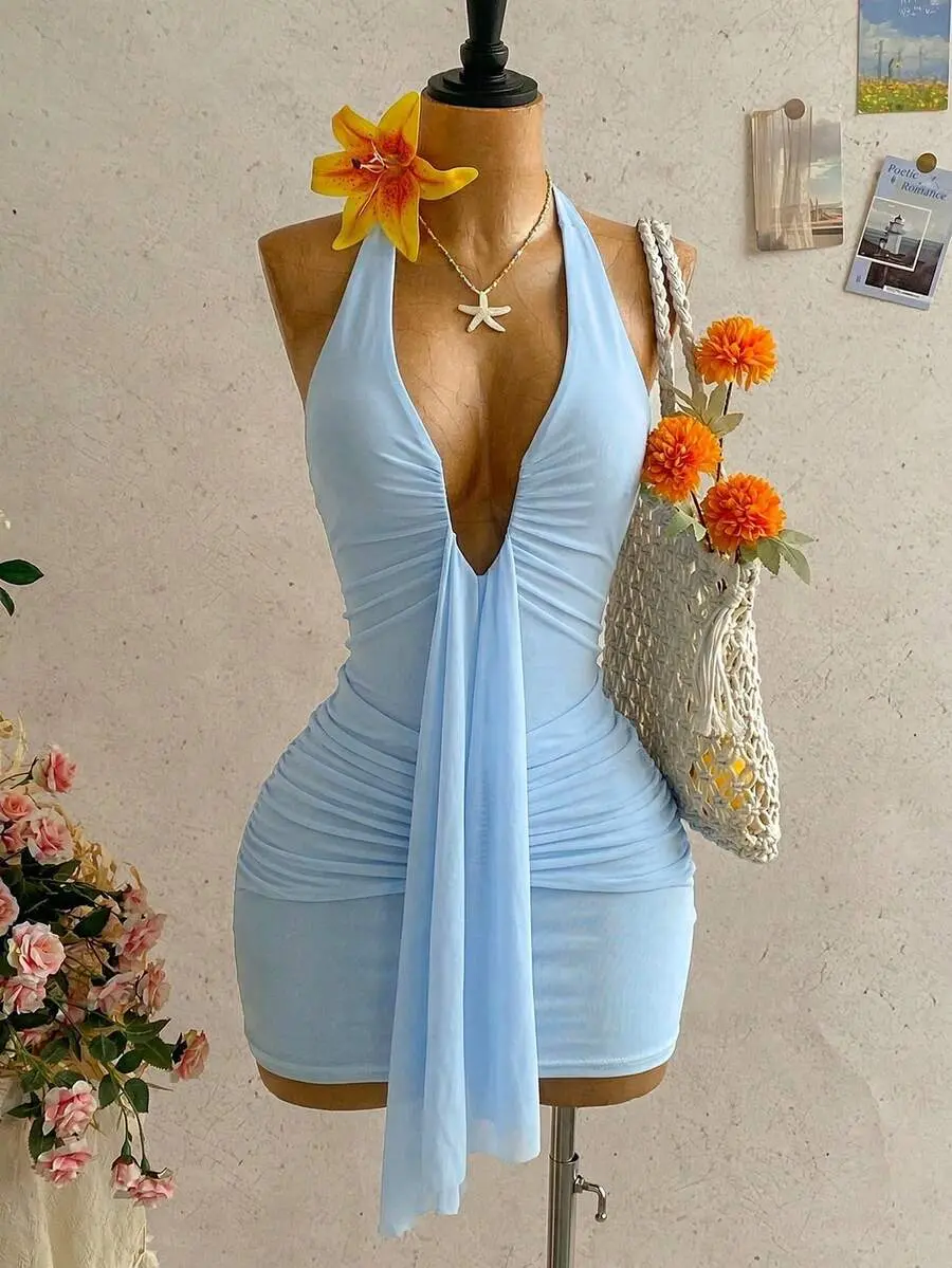 V-Neck Halter Ribbon Bow Tie Ruched Mini Dress for Trendy Vacation Outfits and City Cruise Casual Wear