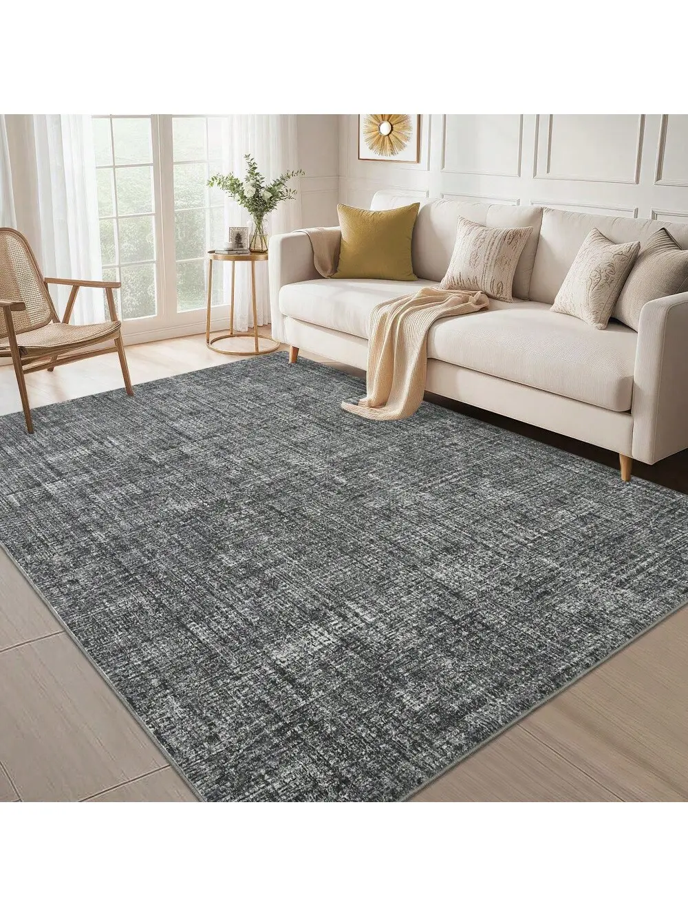 Dark gray-5*7 feet  Machine Washable Area Rug Non Slip Non Shedding  Modern Abstract Large Bedroom Carpet Stain Resistant Ultra Thin Soft Pet Friendly Contemporary Solid Throw Floor Mat For Living Room Bedroom Dining Room Home Office, Low Pile Rug, Living