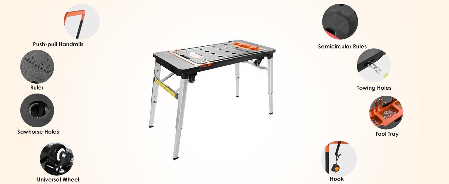 TLGREEN Multifunctional Folding Work Table, 7 in 1 Work Benches for Garage, as Portable Workbench, Sawhorse, Scaffold, Platform, Car Creeper, Dolly and Hand Truck, with 4 Wheels