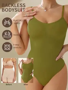 🔥 Women's Spaghetti Strap Backless Wireless Bodysuit, Ribbed High Stretch Tummy Control, Breathable Thong Bottom Snap Closure, Versatile for Daily & Yoga