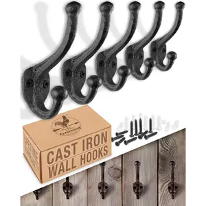 Rustic Cast Iron Coat Hooks 5 Pack Wall Mounted Farmhouse Decorative Vintage Hooks for Hanging Coats Bags Hats Towels, Antique Black Includes Hardware