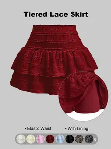 Women's High Waist Ruffled Pleated Mini Skirt with Lace, Double-Layer Flared Design, Comfortable Soft Breathable Fabric Fit, Fashionable Elegant Short Skirt Suitable for Summer Outdoor Leisure Daily Wear