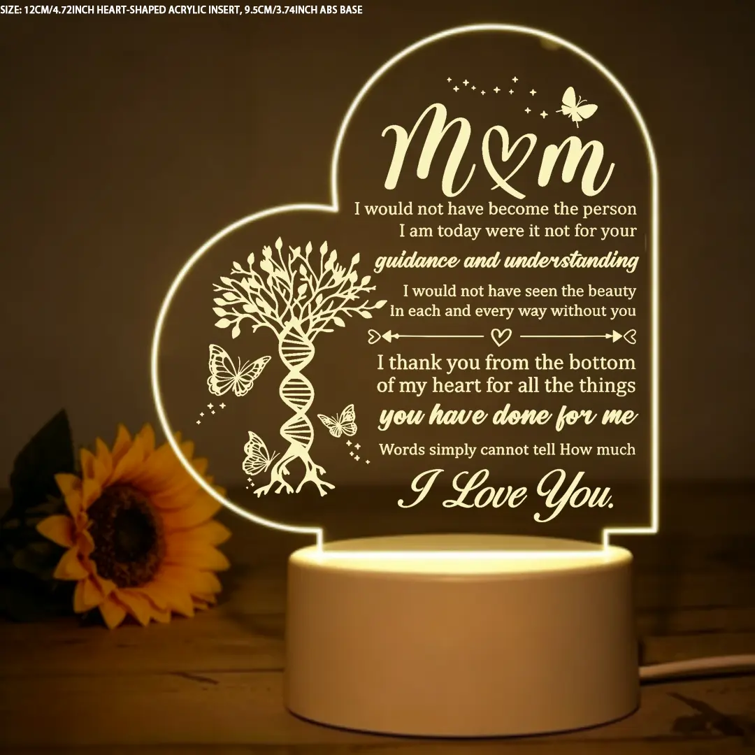 Heart-Shaped Engraved Acrylic LED Night Light - Message Engrave with "I Love You" Neon, Soft Glow Indoor Romantic Mood Lighting, Mom Gift for Mother's Day Birthday Christmas, Home Decor Plaque for Bedroom