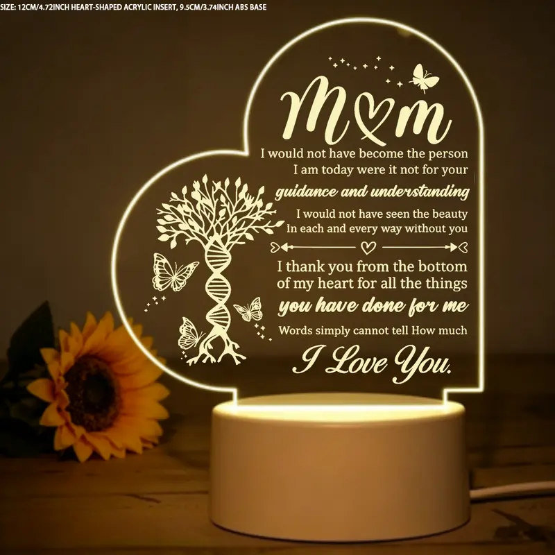 Heart-Shaped Acrylic LED Night Light - Engraved "I Love You" Soft Glow Plaque, Mom Gifts, Mother Christmas Gifts, Thanksgiving Romantic Bedroom Home Decor