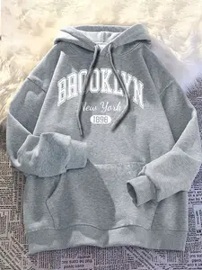 1pc Brooklyn Men's Printed Hoodie, Casual Geometric Design, Long Sleeve for Fall & Winter Fashion, Comfortable Regular Fit Sweatshirt