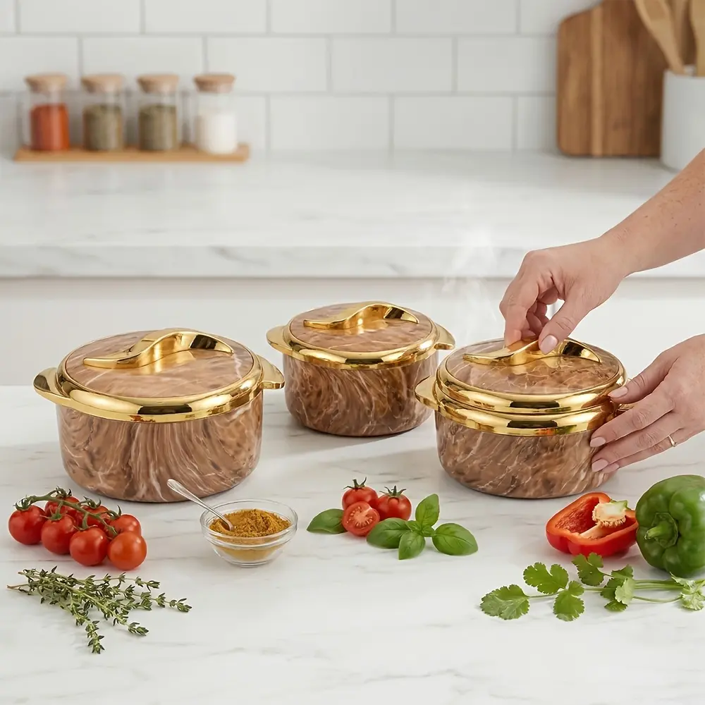 3-Pack Marble-Look Insulated Round Tableware Bowls with Stainless Steel Lids, Kitchen Preserving Containers for Hot/Cold Storage, Ideal for Family Gatherings & Home Organization summerwins,summerwins