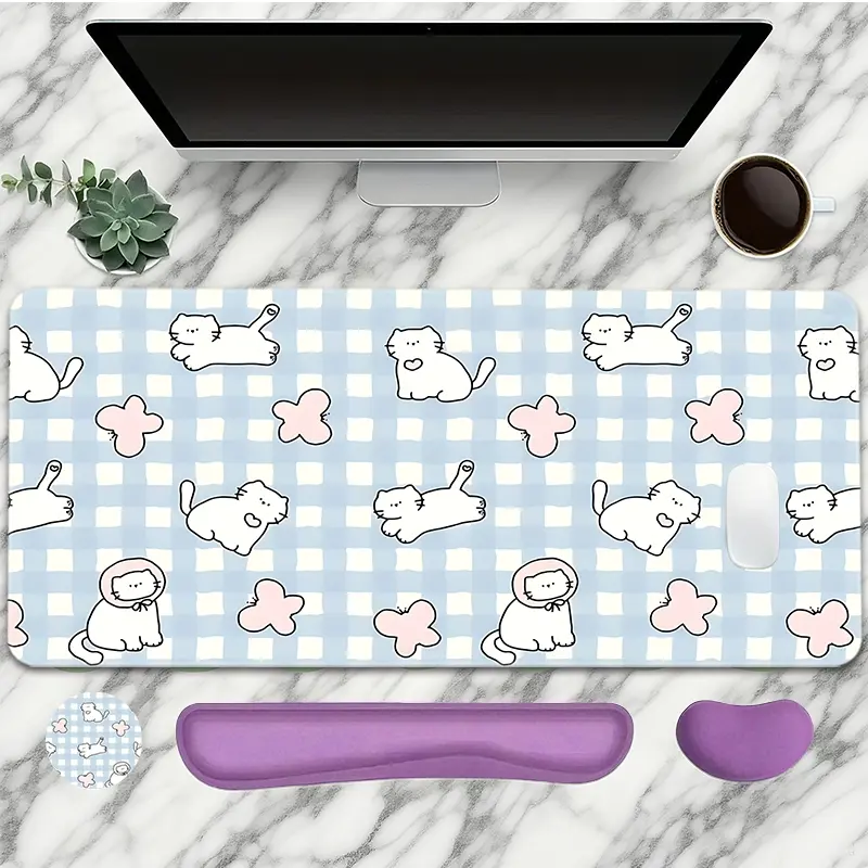 Cute Cat Pattern Mouse Pad With Wrist Rest Set 4PC Light Blue Plaid Large Gaming Mouse Pads Cute Mouse Pad For Desk XXL Non-Slip Rubber Base Desk Pad Keyboard Mat For Office Home Desktop Protector Decor Mousepad Desk Mat Mousepads Aesthetic Ideal