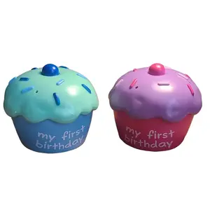 Cupcake Keepsake 1st Birthday Cake Topper - My First Birthday Design in Blue & Pink Colors for Special Celebrations Plastic Memento Holder