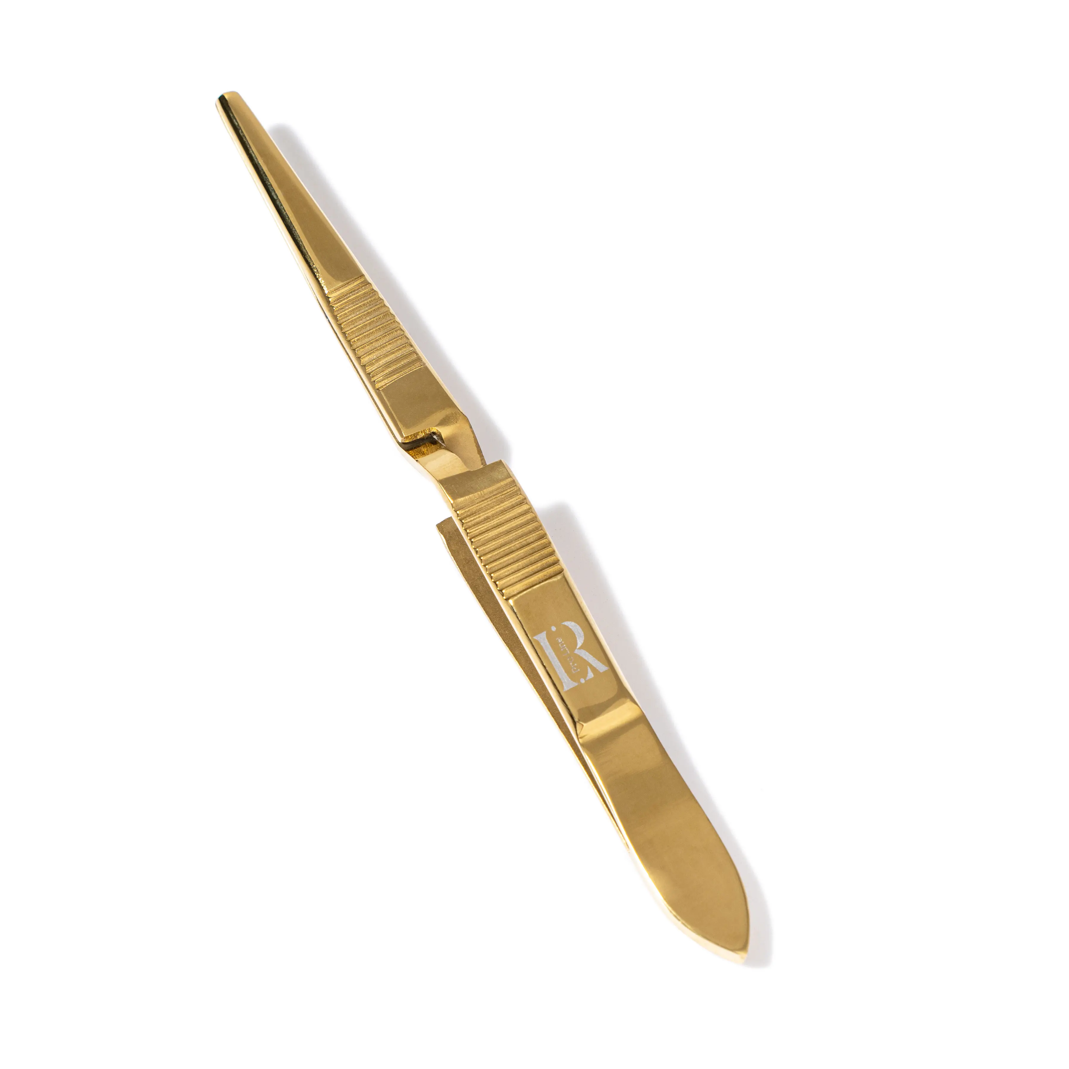 LR PRO LINE Luxury Reverse-Action Metal C-Curve Pinching Tweezers - Salon-Grade Stainless Steel, Slant Tip, Gold Finish, Acrylic Nail Shaping Cosmetic Tool, Beauty Equipment for Elevating Nail Desk Aesthetic, Acrylic Cosmetic Tool