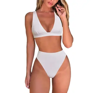 Womens High Waisted Thong Bikini Sets Sexy Brazilian Triangle Top Deep V Neck Two Piece Swimsuit Bathing Suits