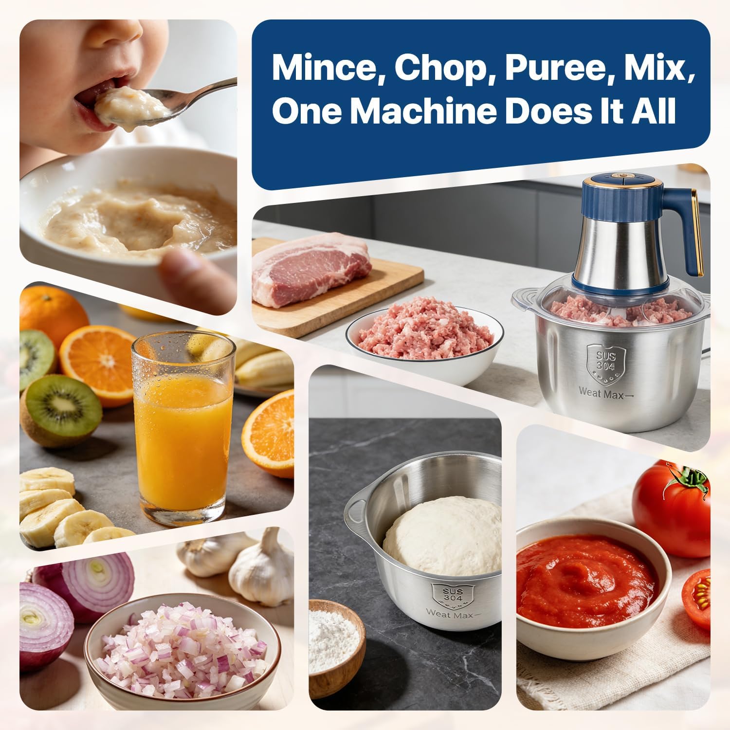 Stainless Steel Electric Meat Grinder, 5L Home Food Processor, Multifunctional Chopper Slicer