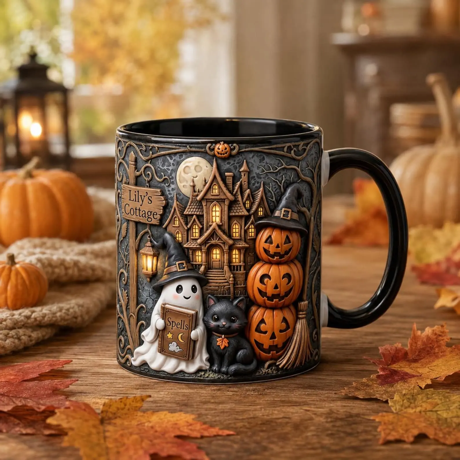 Personalized Halloween Haunted House 3D Inflated Mug, Custom Name Spooky Ghost Black Cat Pumpkin Coffee Cup, Fall Cottage Gift Drinkware Reuse Reusable Tumbler Ceramic Washable