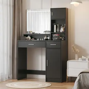 roomfitters Vanity Desk with LED Lighted Mirror, Makeup Table with Drawers & Cabinet, Vanity Table with Storage, Makeup Vanity for Bedroom, Black