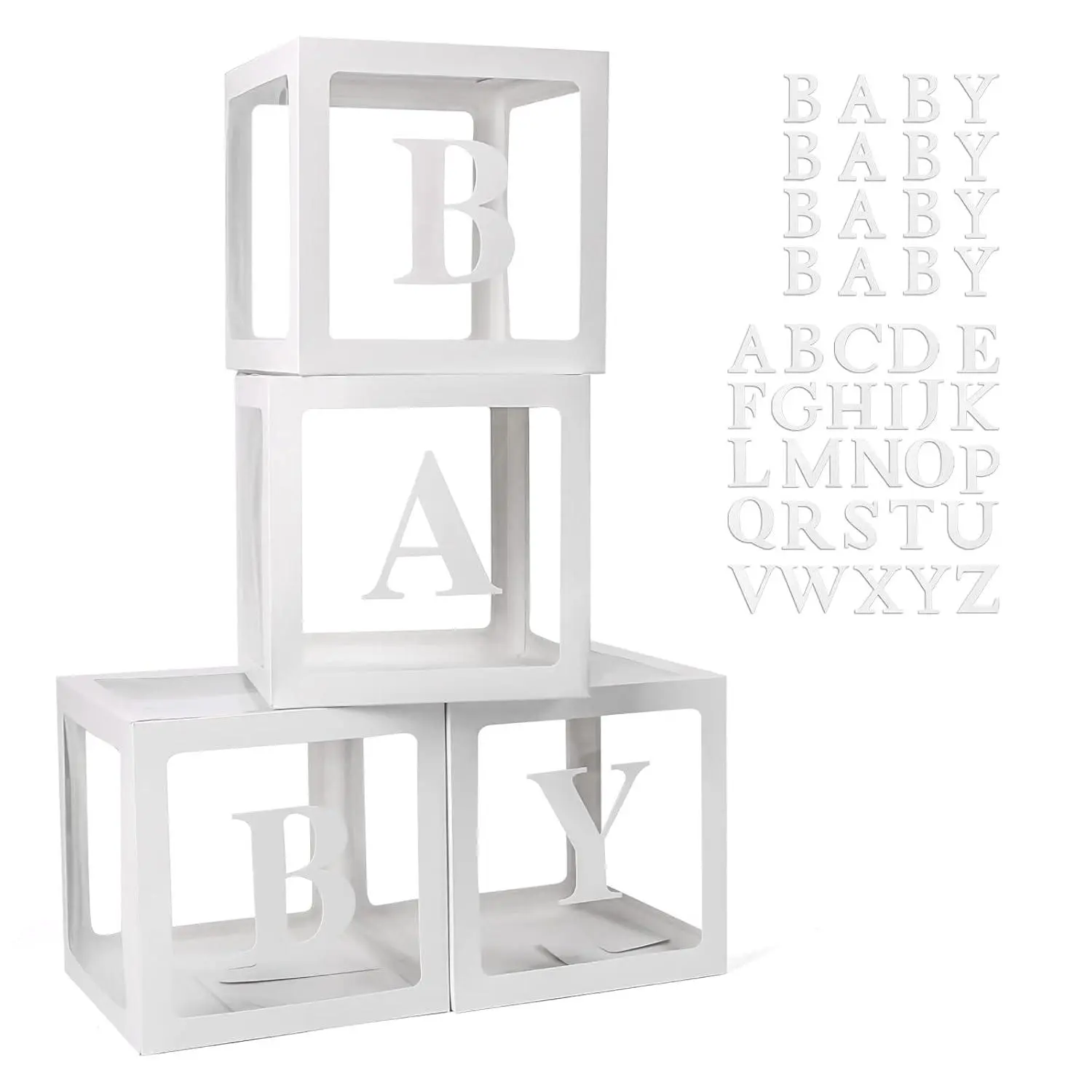 Baby Boxes With 42Pcs Letters For Baby Shower Transparent Balloon Boxes Clear Balloon Box Blocks For Boy Girl Gender Reveal Party And Birthday Party (White)