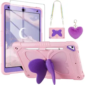 for iPad 9th Generation Case 8th 7th Gen 10.2 inch with Screen Protector/Butterfly Kickstand/Lanyard/Keychain Rugged Case with Pencil Holder for Girls Cover for iPad 10.2 Case Pink Purple