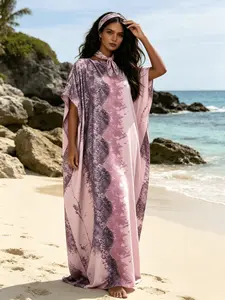 1 dress+1 scarf, Summer pink purple blend printed long robe set women's boat neck long skirt Kaftan bohemian style banquet dress casual outing banquet/vacation shade slimming two-piece set