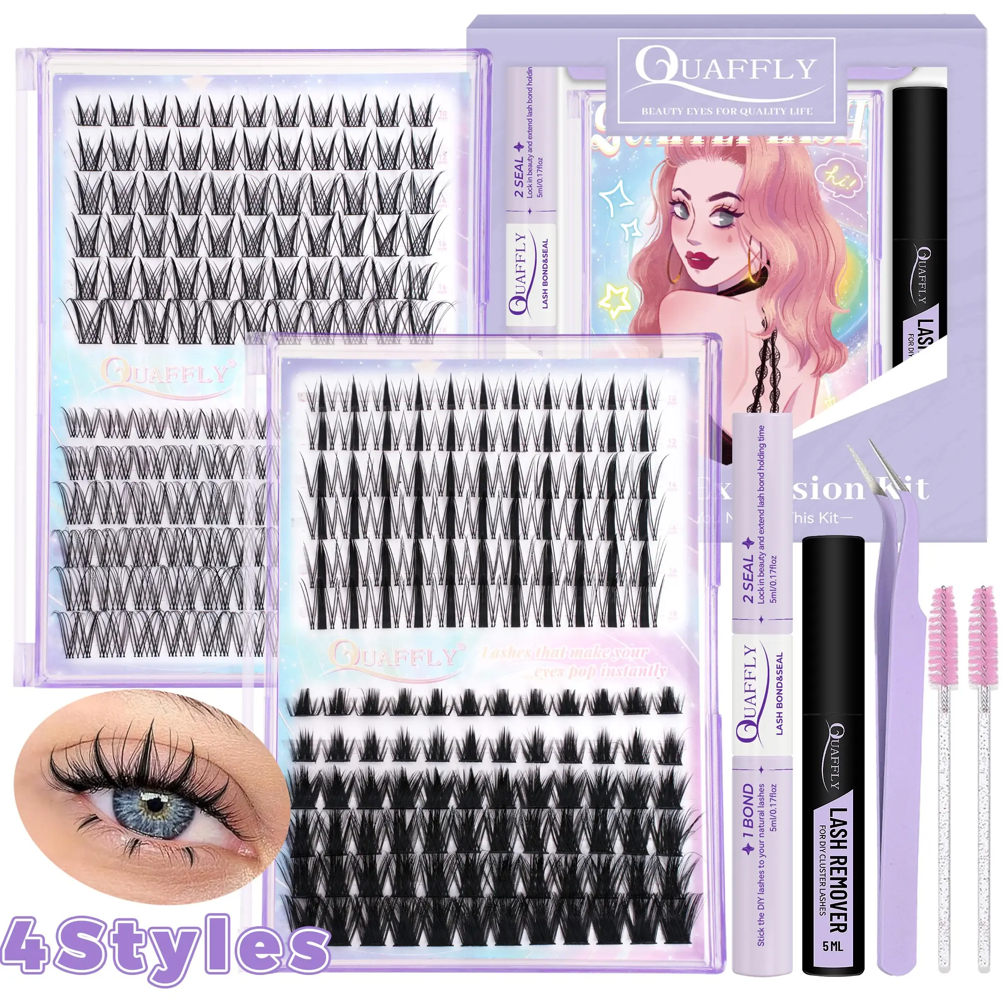 QUAFFLY Lash Clusters Kit 270Pcs, 4 Styles DIY Eyelash Extension Kit with Lash Bond and Seal, Eyelash Glue Extension, Remover, Applicator, Eyelash Tweezers, 2 Brushes, Natural Wispy Individual Lashes Starter Set for Beginners, Eyelash Bonding Tools