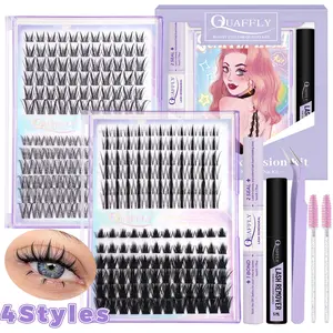 QUAFFLY Lash Clusters Kit 270Pcs, 4 Styles Mixed DIY Eyelash Extension Kit with Lash Bond and Seal, Remover, Applicator, Eyelash Extension Tweezers and 2 Brushes, Natural Wispy Individual Lashes Complete Starter Set for Beginners, Eyelash Bonding Tools