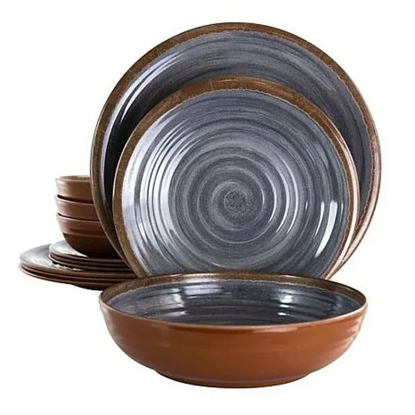 Elama Stone Oak 12-Piece Lightweight Melamine Dinnerware Set in Black