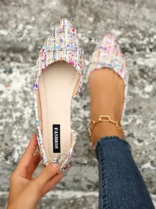 Women's Fashionable Glitter Decorated Flat Shoes, Casual Comfortable Pointed Toe Slip on Shoes for Daily Wear, Lightweight Breathable Shoes for All Seasons, Girl