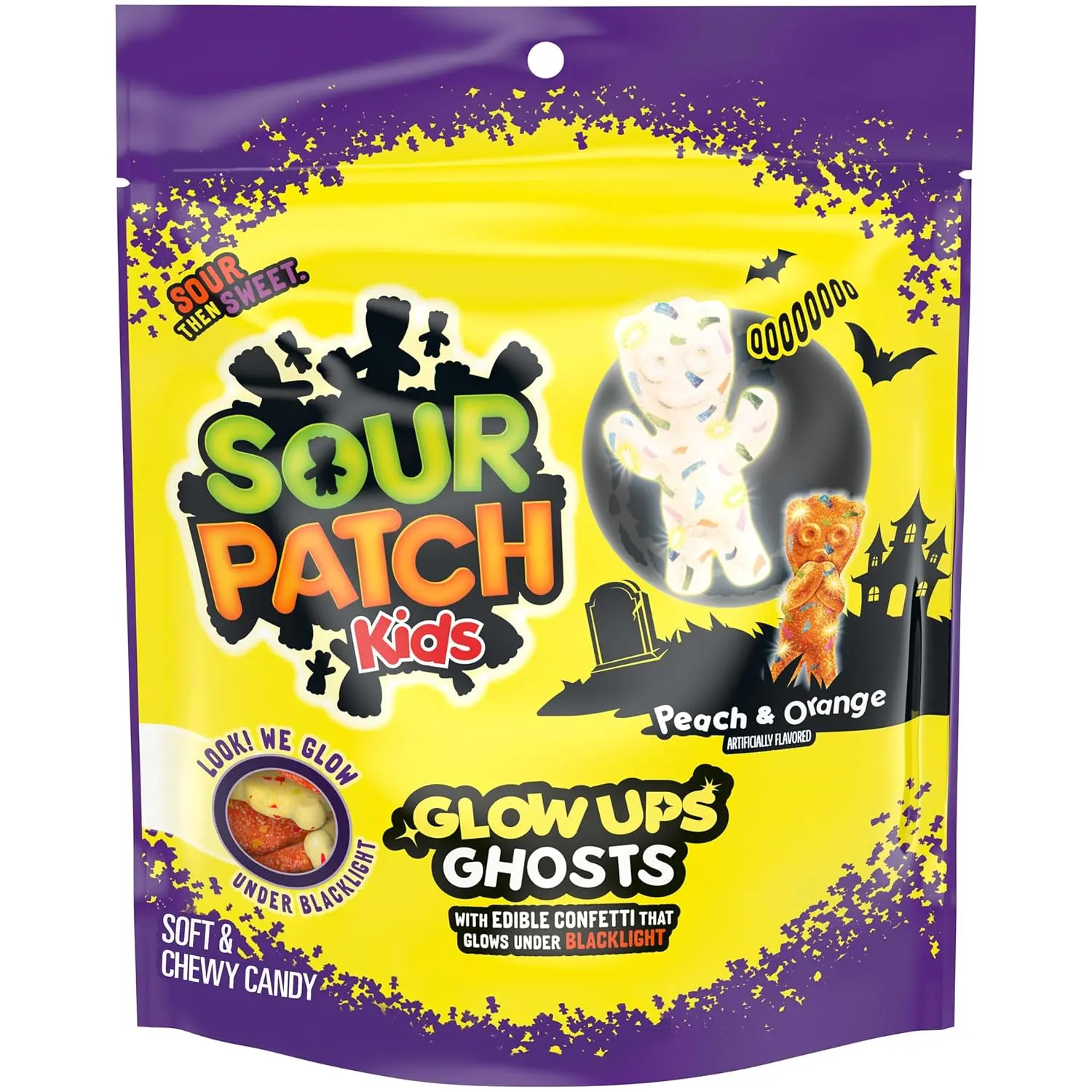 Glow Ups Ghosts Soft & Chewy Gummy Halloween Candy, 8.37 oz | Gummy Candy with Edible Confetti that Glows Under Blacklight, Peach and Orange Flavors, Resealable Bag