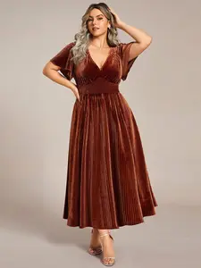 Ever-Pretty 2026 Valentine dress Spring  Evening dress Graceful V-Neck Velvet Midi Wedding Guest Dress with Waist Detail & Short Sleeves Chic & Stretchy Bridesmaid Dress for Winter Formal Events Dress 01939