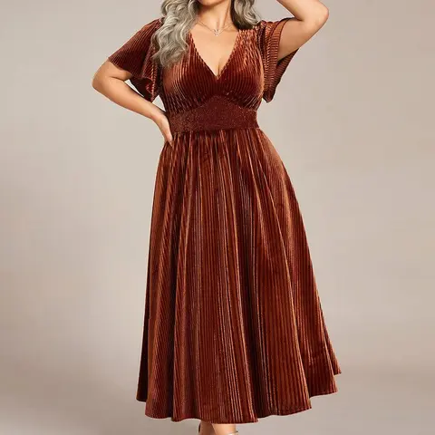 Ever-Pretty 2026 Fall Women's Minimalist Velvet Midi Dress - V-Neck, Short Sleeves, Waist Detail, Stretchy Fit, Formal Dress for Bachelorette Party, Baby Shower Wedding Guest Outfit 01939
