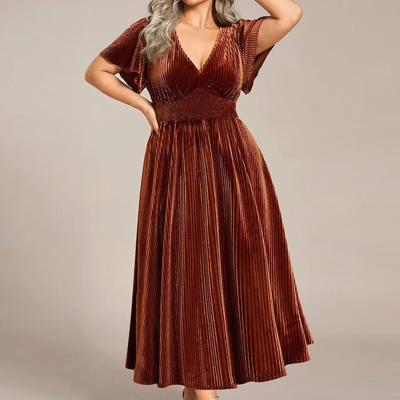 Ever-Pretty 2026 Fall Women's Minimalist Velvet Midi Dress - V-Neck, Short Sleeves, Waist Detail, Stretchy Fit, Formal Dress for Bachelorette Party, Baby Shower Wedding Guest Outfit 01939