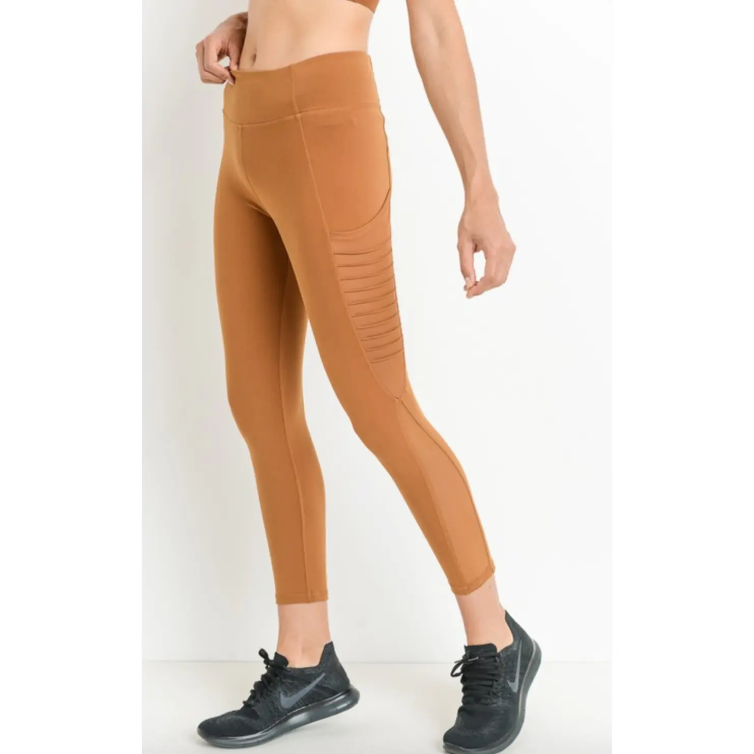 Moto Ribbed Splice Mesh Pocket Full Leggings-Camel -(Final Sale)