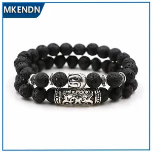 2Pcs/Set Antique Silver Plated Buddha Head Charm with Lava Onyx Turquoises Natural Stone Beads Bracelet Set Pack For Men