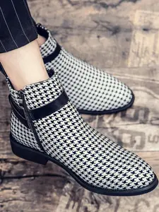 Men's Houndstooth Pattern Belted Design Boots, Fashionable Ankle Boots for Daily Wear, Lightweight Retro Boots for Men